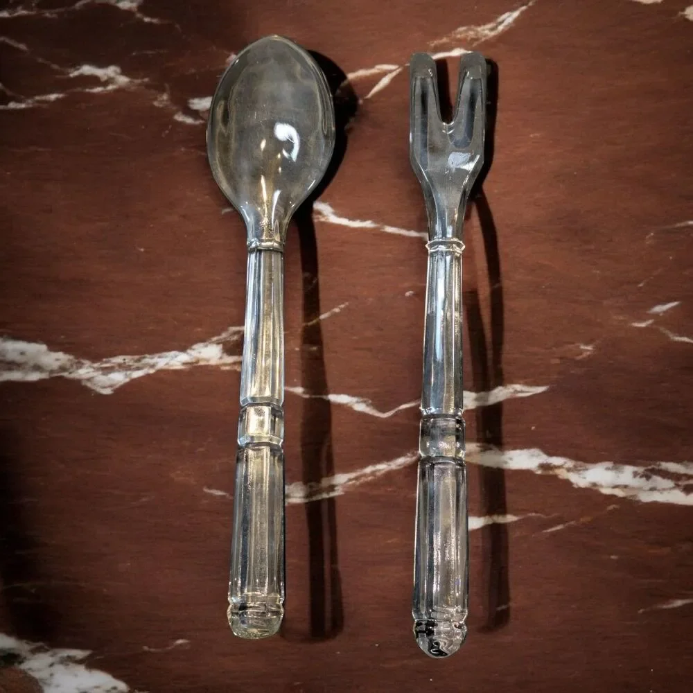 Vintage Glass Salad Serving Set Utensils 10